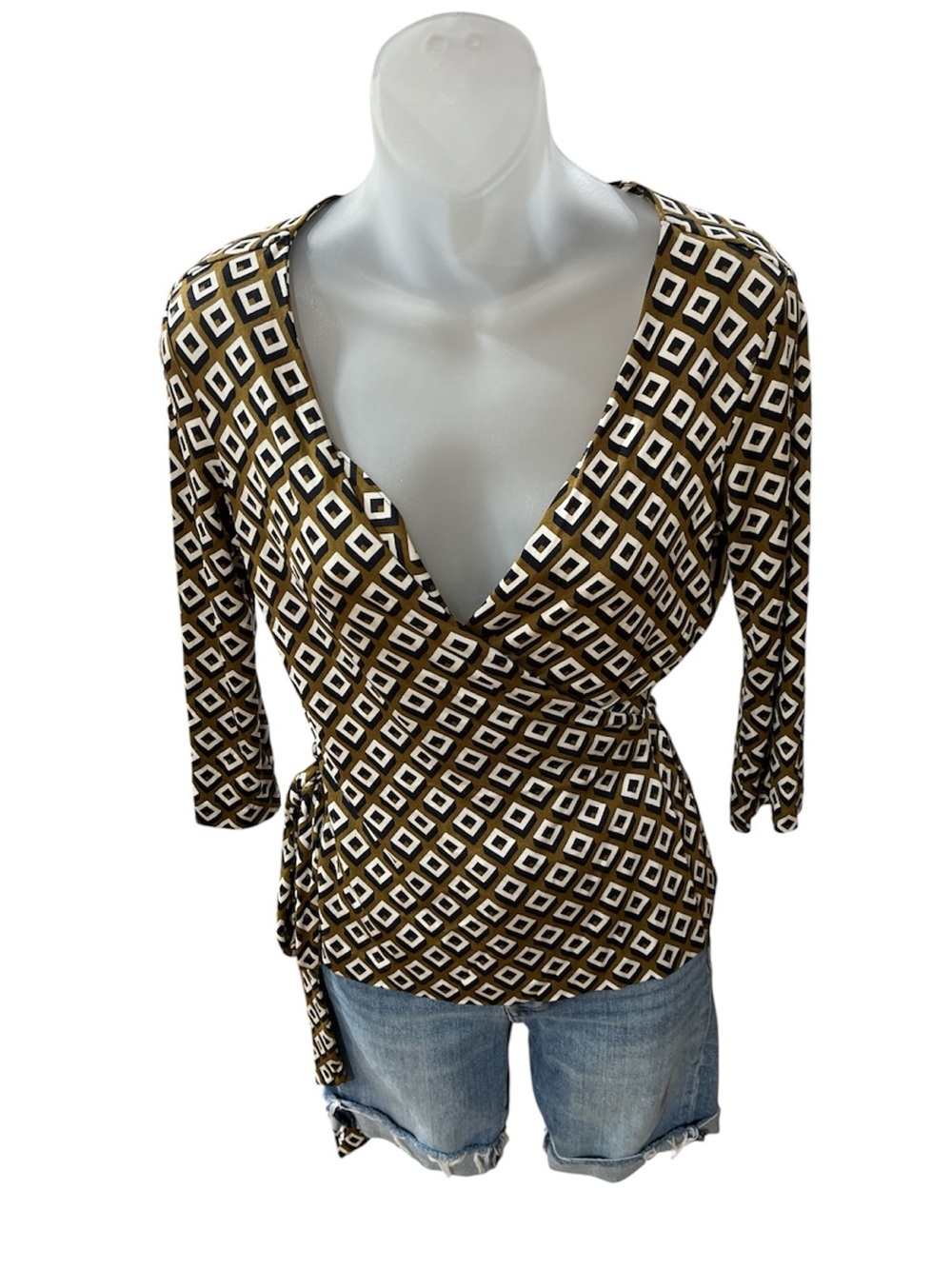 Diane Von Furstenburg Geometric Silk Wrap Top in Olive Multi